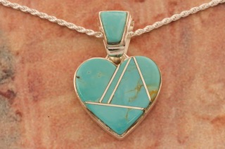 Navajo Artist Calvin Begay Genuine Kingman Turquoise Sterling Silver Heart Pendant